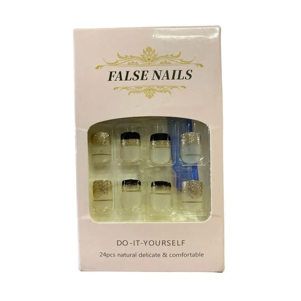 Shimmer Press On Nails Short Square Gel Black White Gold 24pc - Picture 3 of 7